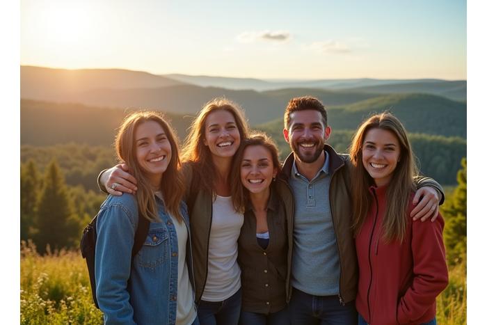 Scenic view of Ontario landscape with a diverse group of happy travelers, representing Horizon Travel Co.'s origin.