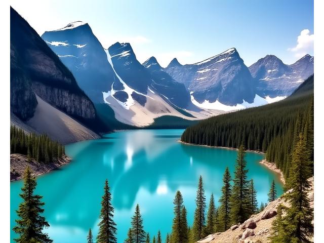 Stunning turquoise lake and mountains in Banff National Park, Canada, ideal for adventure and relaxation.